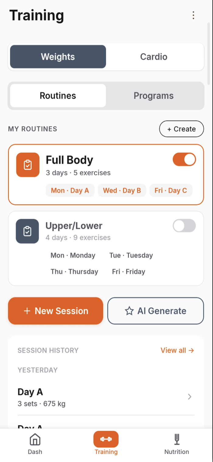 BiLT routine and progress screen